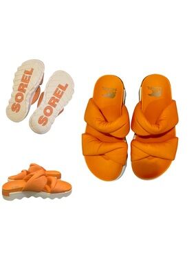 Like New Sorel Padded Viibe Twist Slide Koi Orange Platform Sandals Size 7